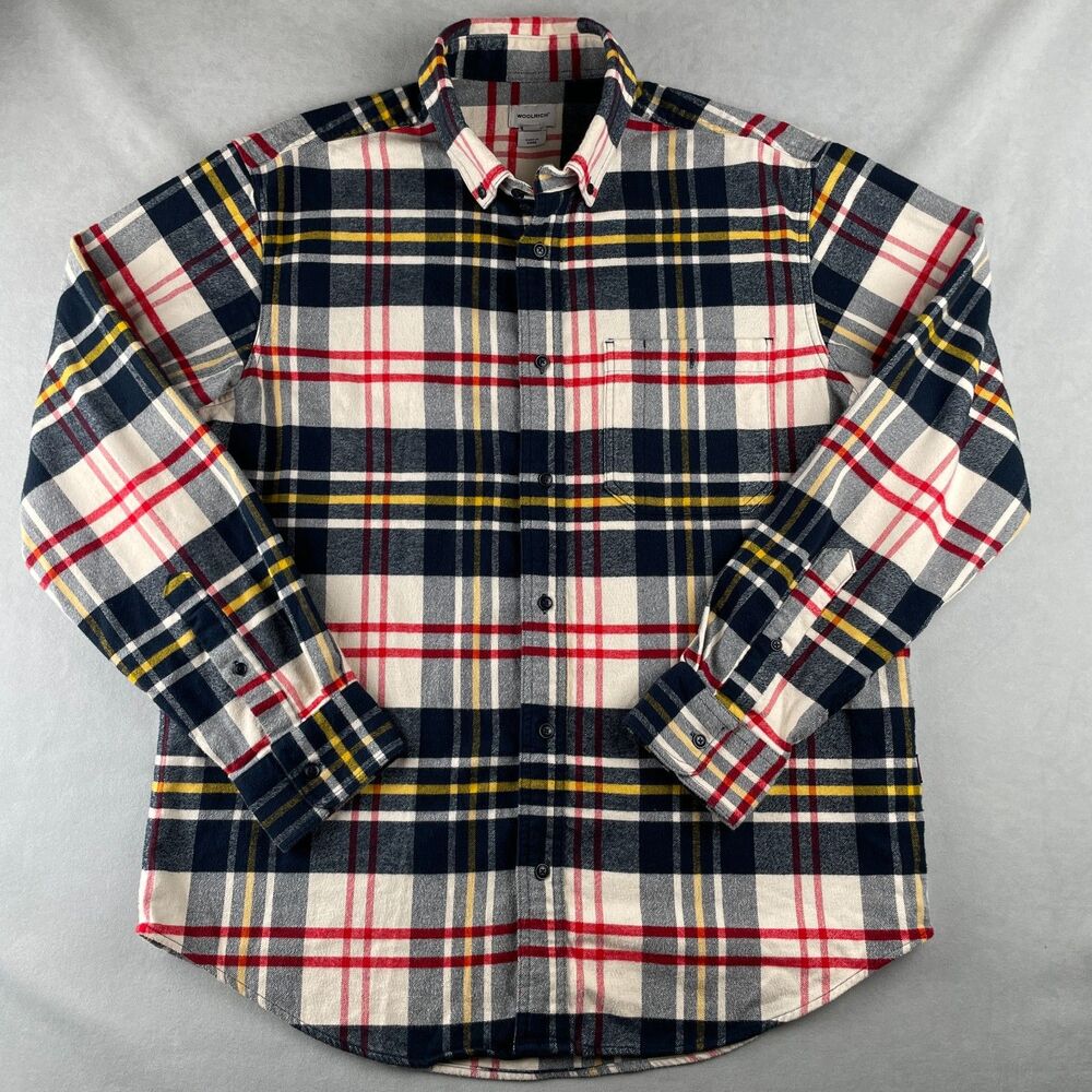 Woolrich Archive Shirt Mens L Navy Red Plaid Soft Flannel Button Long Sleeve
